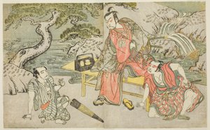 Die Schauspieler Tomizawa Hanzaburo II als Nagoya Sanzaemon (oft Sanza genannt) (rechts), Nakamura Juzo II als Fuwa Banzaemon (Mitte) und ein unbekannter Schauspieler als der Taschendieb Matsumoto Daishichi (links), im Stück Fuki Kaete Tsuki mo Yoshiwara,  von Katsukawa Shunsho
