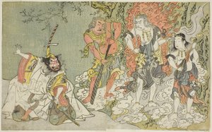 Das Stück Fuki Kaete Tsuki mo Yoshiwara, aufgeführt im Morita-Theater im elften Monat, ca. 1771-72 von Katsukawa Shunsho