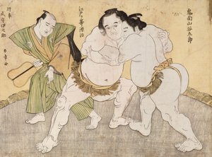 Der Ringkampf zwischen Kimenzan Tanigoro und Edogasaki Gemji von Katsukawa Shunsho