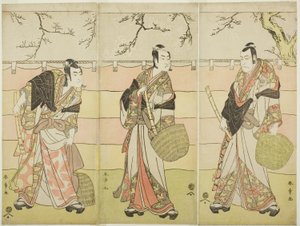 Drei Komuso-Mönche: Die Schauspieler Ichikawa Ebizo (Danjuro V) als Kudo Suketsune (rechts), Ichikawa Monnosuke II als Soga no Juro Sukenari (Mitte) und Ichikawa Omezo I als Soga no Goro Tokimune (links), in Akt Sechs des Stücks Waka Murasaki Edokko Soga ( von Katsukawa Shunsho