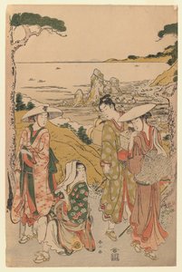 Eine Gruppe von Pilgern aus Yedo vor einem Teehaus auf den Hügeln hinter dem Strand von Futami, 1795 von Katsukawa Shunzan