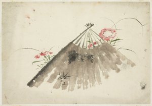 Weggeworfener Fächer unter Nelken von Katsushika (school of) Hokusai