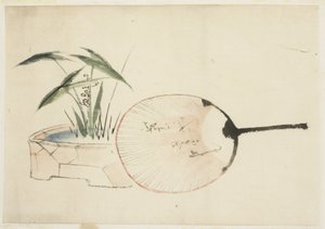 Fächer und Pflanzenarrangement von Katsushika (school of) Hokusai