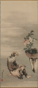 Ein sitzender Mann betrachtet Pfingstrosen im Topf von Katsushika Hokusai