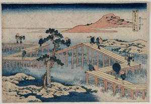 Ein altes Bild der Acht-Teil-Brücke in der Provinz Mikawa (aus der Serie Neugierige Ansichten berühmter Brücken in den Provinzen)