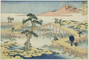 Alte Ansicht der Acht-Planken-Brücke in der Provinz Mikawa (Mikawa no Yatsuhashi no kozu), aus der Serie "Ungewöhnliche Ansichten berühmter Brücken in verschiedenen Provinzen (Shokoku meikyo kiran)" von Katsushika Hokusai