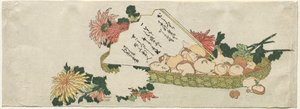 Korb mit Fächer, Chrysanthemen und Pilzen, frühes 19. Jahrhundert von Katsushika Hokusai