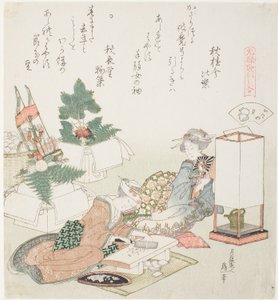 Reiskuchen hacken, Illustration für Die Brettdachmuschel (Itayagai), aus der Serie "Ein Zuordnungsspiel mit Gedichtmuscheln aus der Genroku-Periode (Genroku kasen kai awase)"