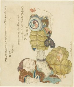Daikoku balanciert Reisbündel, Hammer und Hahn auf seinen Füßen