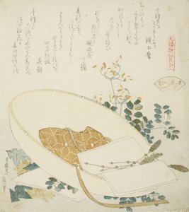 Frisch gepflückte Blumen in einem Reisendenhut, Illustration für Die Tausend-Gräser-Muschel von Katsushika Hokusai