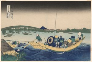 Fuji von Ommayagashi mit Dämmerung über der Ryogoku-Brücke (Ommayagashi yori ryogokubashi sekiyo o miru), aus der Serie "Sechsunddreißig Ansichten des Berges Fuji (Fugaku sanjurokkei)" von Katsushika Hokusai