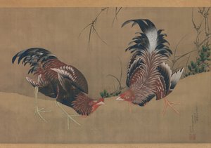 Kampfhähne, datiert 1838 von Katsushika Hokusai