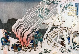 Jäger am Feuer im Schnee, ca. 1835 von Katsushika Hokusai