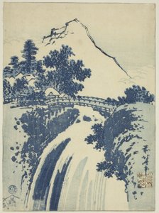 Landschaft mit Wasserfall, aus einer unbetitelten Serie von Chuban-Drucken von Katsushika Hokusai