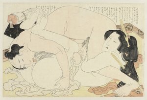 Mann und Frau beim Liebesakt auf Teppich von Katsushika Hokusai