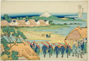 Der Berg Fuji vom Vergnügungsviertel Senju aus gesehen (Senju kagai yori chobo no Fuji), aus der Serie "Sechsunddreißig Ansichten des Berges Fuji (Fugaku sanjurokkei)" von Katsushika Hokusai