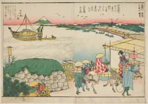 Seiten aus dem illustrierten Buch "Panoramablicke entlang der Ufer des Sumida-Flusses (Ehon Sumidagawa ryogan ichiran)" von Katsushika Hokusai