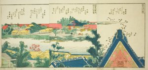 Seiten aus dem illustrierten Buch "Panoramablicke entlang der Ufer des Sumida-Flusses" von Katsushika Hokusai