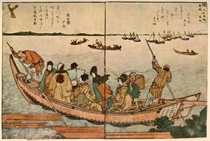 Passagiere auf einem Boot, das den Sumida-Fluss in Japan überquert, um 1804, 1924 von Katsushika Hokusai