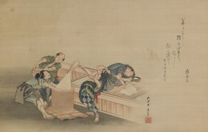 Reis stampfen für Mochi, beschriftet von Momomoto Hinamaro, Edo-Periode, ca. 1822 (Tinte und Farbe auf Seide, als Hängerolle montiert) von Katsushika Hokusai