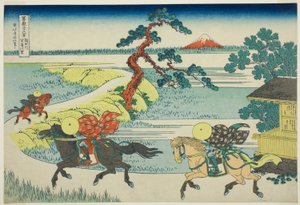 Sekiya-Dorf am Sumida-Fluss (Sumidagawa Sekiya no sato), aus der Serie "36 Ansichten des Berges Fuji (Fugaku sanjurokkei)" von Katsushika Hokusai