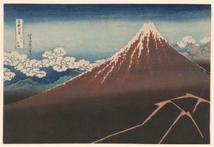 Regen unter dem Gipfel (Sanka hakuu), aus der Serie "Sechsunddreißig Ansichten des Berges Fuji (Fugaku sanjurokkei)" von Katsushika Hokusai