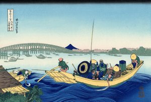 Sonnenuntergang über der Ryogoku-Brücke vom Ufer des Sumida-Flusses in Onmagayashi in Edo, ca. 1830 (Holzschnitt) von Katsushika Hokusai