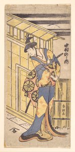 Der Schauspieler Nakamura Noshio II, in Frauenrolle, hält eine Shakuhachi (Bambusflöte) von Katsushika Hokusai