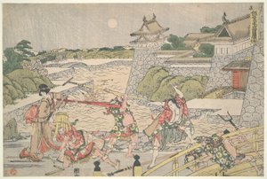 Die loyale Liga der siebenundvierzig Rōnin, Akt III: Kampei wird von Bannai und seinen Männern angegriffen von Katsushika Hokusai