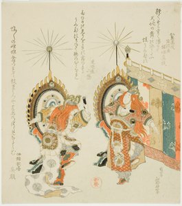 Zwei Soldaten, die Trommeln schlagen von Katsushika Hokusai