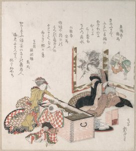 Frauen bereiten Tee um den Feuerhalter vor von Katsushika Hokusai