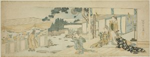 Frauen auf der Veranda schauen einem Mädchen zu, das Blumen pflückt von Katsushika Hokusai