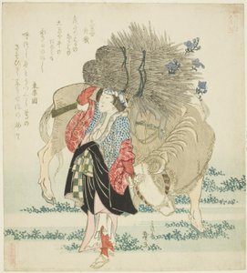 Eine Frau aus Ohara, die einen Ochsen führt, aus der Serie "Fünf Jahresfeste für den Katsushika-Kreis (Katsushika gosekku)" von Katsushika Taito II