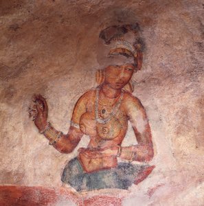 Apsaras, himmlische Nymphe, die ein Opfer darbringt, Fresko, befestigte Zitadelle von Sigiriya (UNESCO-Welterbeliste) von Alec Hunter