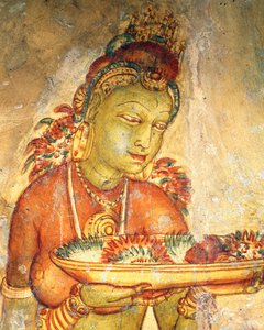 Apsaras, himmlische Nymphe, die Blumen anbietet, Fresko, befestigte Zitadelle von Sigiriya (UNESCO-Welterbeliste) von Alec Hunter