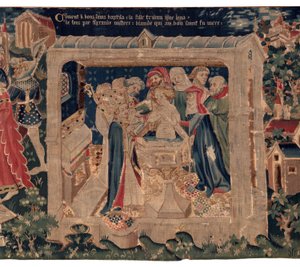 Geschichte von Saint Piat und Saint Eleuthère, auch genannt Wandteppich von Arras. Bestellt von Kanonikus Toussaint Prier, Kaplan des Herzogs von Burgund, Ende 14. Anfang 15. Jahrhundert. 22m x 2m. Detail (Wandteppich) von Alec Hunter