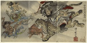 Mai: Shoki der Dämonenbezwinger reitet auf einem Tiger und unterwirft Kobolde, aus der Serie "Von den zwölf Monaten: der fünfte" von Kawanabe Kyosai