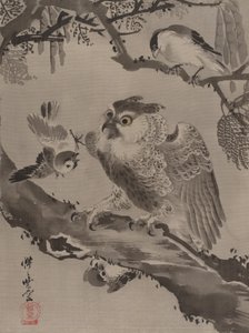 Eule von kleinen Vögeln verspottet von Kawanabe Kyosai