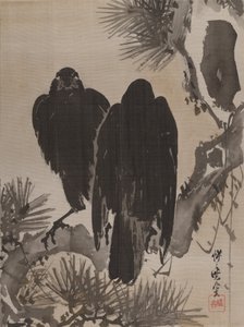 Zwei Krähen auf einem Kiefernzweig, ca. 1887 von Kawanabe Kyosai