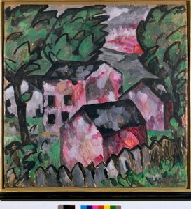 Landschaft mit roten Häusern. Gemälde von Kasimir Sewerinowitsch Malewitsch (1878-1935) 1910. Kunstmuseum Basel