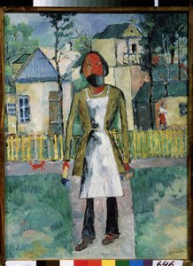 Ein Zimmermann (Der Handwerker steht vor einem Dorf, trägt seine Arbeitskleidung und hält Werkzeuge in beiden Händen) von Kazimir Severinovich Malevich