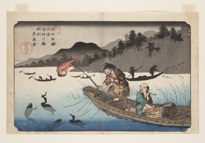 Nr. 55, Kodo: Kormoranfischerboote auf dem Nagae-Fluss von Keisai Eisen