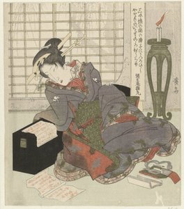 Eine Geisha lehnt sich auf die Schachtel ihres Shamisen von Keisai Eisen