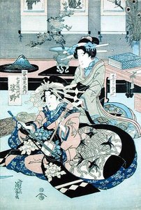 Zwei sitzende Damen, eine spielt die Samisen von Keisai Yeisen
