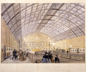 Innenansicht des Bahnhofs Charing Cross mit Zügen und dem Eisendach, London von Kell Brothers