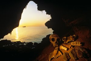 Schädel einer Neandertalerfrau, abgeschlagene Werkzeuge und Knochen eines Ibex - Wildziege, Gibraltar, 2008 (Foto) von Kenneth Garrett