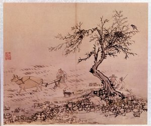 Koreanische Kunst: Pflügszene von Kim Hong Do