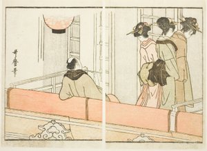 Eine Loge im Kabuki-Theater, aus dem illustrierten Buch "Führer zu den Umkleideräumen der Schauspieler (Yakusha gakuya tsu)"