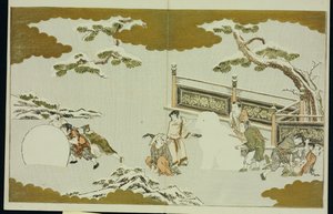 Kinder, die einen Schneeshishi machen und einen Schneeball rollen, aus "Die Silberwelt" von Kitagawa Utamaro