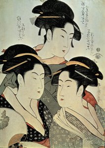 Nahaufnahme eines Gemäldes von drei Frauen, Kitagawa Utamaro, Kansei-Ära, Japan von Kitagawa Utamaro